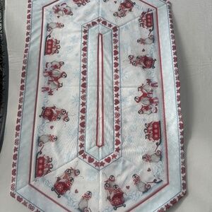 Winter penguines and red hearts handcrafted quilted table runner